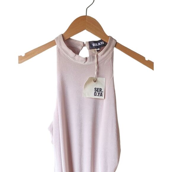 NEW SER.O.YA High Neck Fine Mesh Ruched Cosette Dress in Beige sz M NWT - Picture 6 of 10